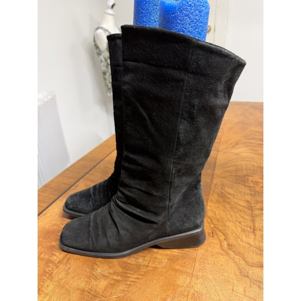 Vtg 80s 90s MARKON Women’s 7.5 Black Suede Leather Mid Calf Boots Slouchy Slouch